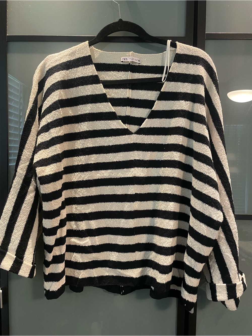 Zara Black and White Striped V-Neck Sweater